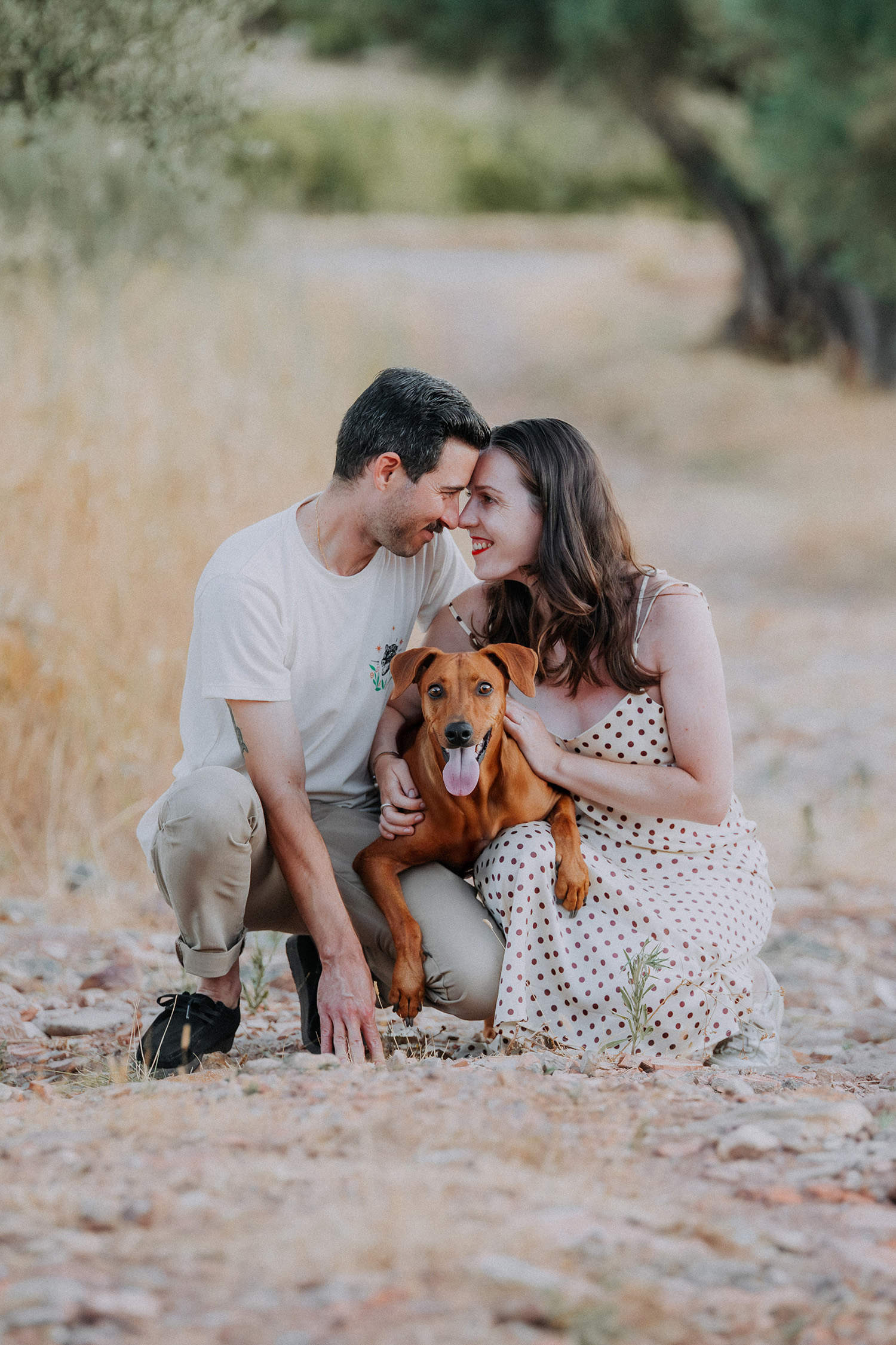 Photographe animaux Pierrefeu — couple et leur chien entre vignes et oliviers